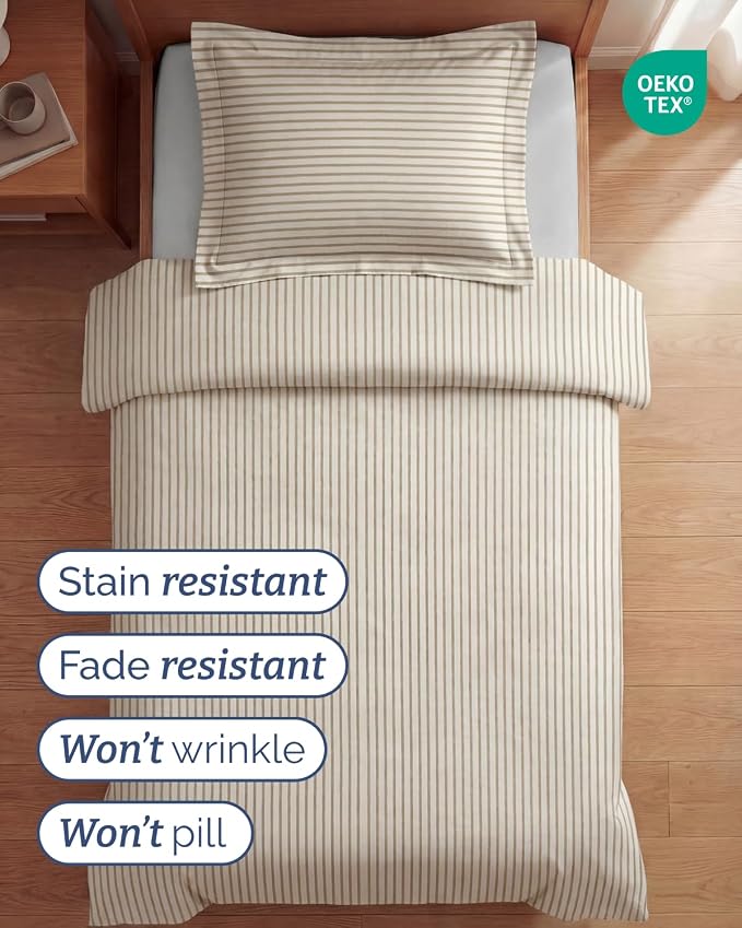 Duvet Cover Twin/Twin XL Size Set - Extra Soft Twin/Twin XL Duvet Cover 68" x 90" with 1 Pillow Sham for Women, Men, Kids & Teens - Easy-Care & Fade Free with Zipper Closures & Ties (Beige Stripes)