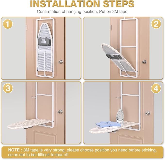 KINGBOARD Over Door Ironing Board, Hanging Ironing Board with Iron Holder, 36" X 12" Compact Fold Down Iron Board for Small Spaces, Removable Heat Resistant Cover, White