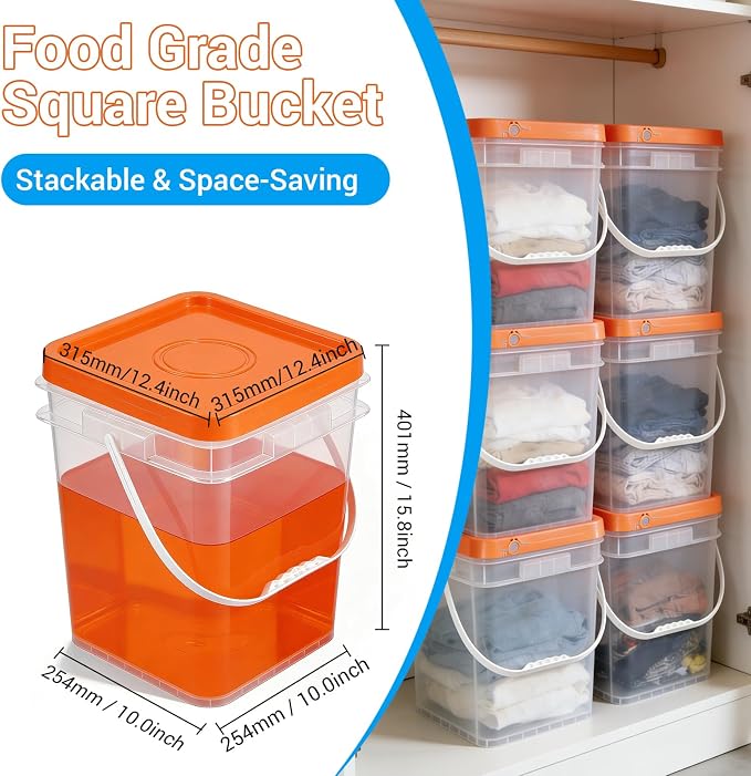 4 Pack 6.6 Gallon Square Plastic Bucket with Orange Lids, Heavy Duty Storage Containers with Handle, Large Clear Plastic Pail for Paint, Cleaning and Industrial Use, BPA Free