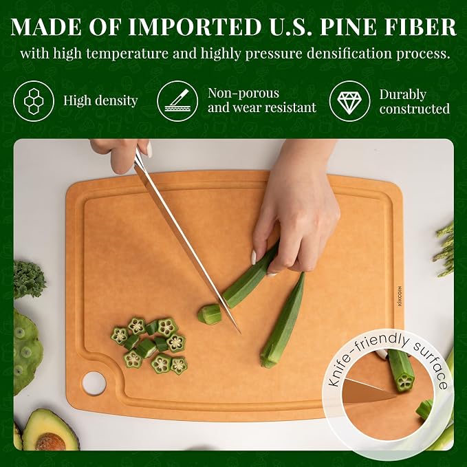 Kikcoin Wood Cutting Board, Cutting Boards for Kitchen Dishwasher Safe Non-slip Chopping Board with Juice Groove, Wood Fiber Composite Cutting Board with Hanging Hole, 14.6"*10.8"