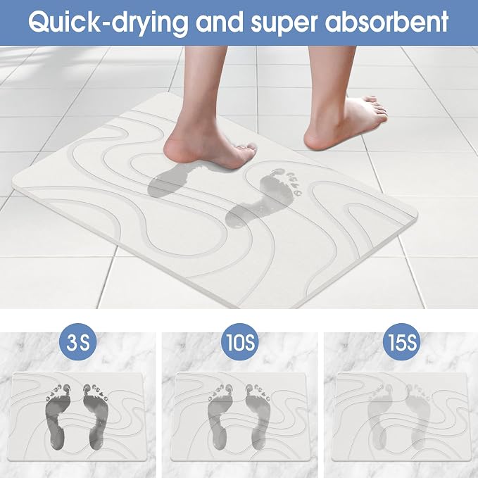Veeloim Stone Bath Mat Diatomaceous Earth Shower Mat Non-Slip Super Absorbent Diatomite Stone Mats for Bathroom Floor/Kitchen Counter Quick Drying Natural Easy to Clean(23.6''×15.4" White)
