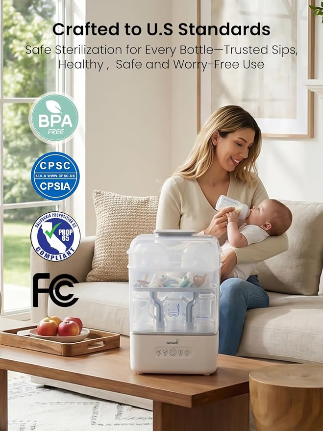 Grownsy 3 Layers-Large Bottle Sterilizer and Dryer, Holds 6 to10 Bottles, Nesting Design Bottle Sanitizer Esterilizador de Biberones for Breast Pump Sterilizer Bags Bottle Brush Included