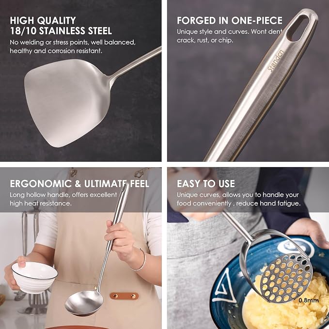 18/10 Stainless Steel Kitchen Utensils Set - 12 PCS All Metal Cooking Tools | 15″ Cooking Utensils - Potato Masher, Meat Fork, Tongs, Turner, Pasta, Serving Spoon, Skimmer, Ladle, Spatula Spoon Set