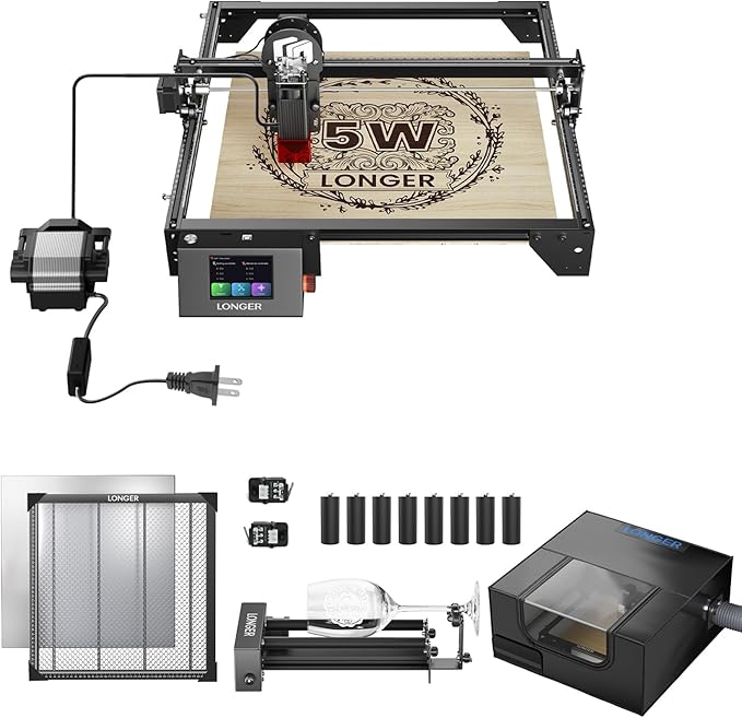Longer RAY5 5W Laser Cutter and Laser Engraver for Tumblers, Rotary Roller Bundle, 17.3"x 17.3" Working Bed, Enclosure with Vent, and Air Pump, Laser Engraver for Wood and Metal, Acrylic