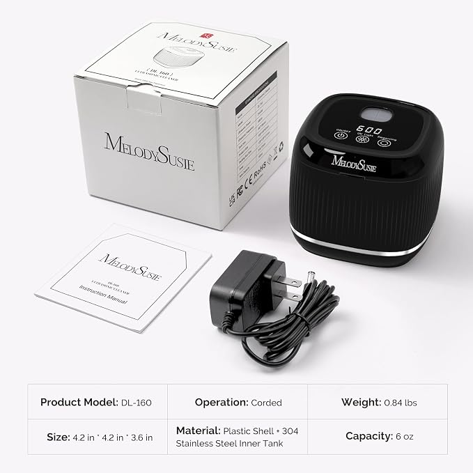 MelodySusie 2 in 1 Nail Tool Cleaning Machine, 3 Timers Mode for Nail Drill Bits, Nail Art Brush, Nail Clipper, Jewelry Cleaning, Salon & Home Use,Black,DL-160