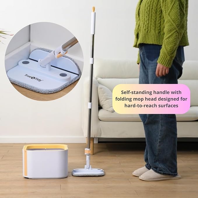 True & Tidy Square Spin Mop with Detachable Bucket, 6 Machine Washable Pads