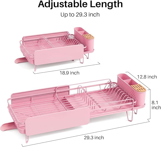 SNTD Dish Drying Rack - Large Dish Racks for Kitchen Counter, Expandable Dish Drainers with Cutlery Holder Stainless Steel Rustproof (Pink)
