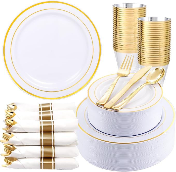 WDF Partyware 350Piece Gold Dinnerware Set for 50 Guests - Gold Plastic Plates with Disposable Cutlery - 50Dinner Plates-50Dessert Plates-50Pre Rolled Napkins with Silverware for Wedding/Birthday