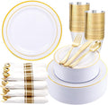 WDF Partyware 350Piece Gold Dinnerware Set for 50 Guests - Gold Plastic Plates with Disposable Cutlery - 50Dinner Plates-50Dessert Plates-50Pre Rolled Napkins with Silverware for Wedding/Birthday