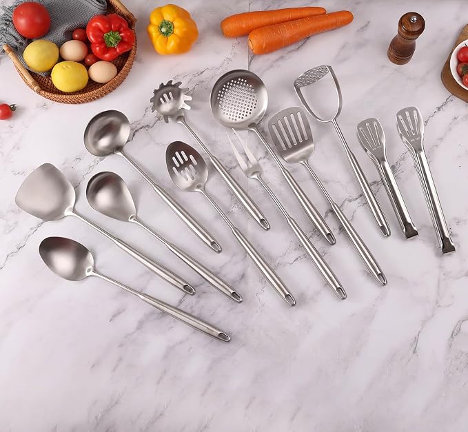 18/10 Stainless Steel Kitchen Utensils Set - 12 PCS All Metal Cooking Tools | 15″ Cooking Utensils - Potato Masher, Meat Fork, Tongs, Turner, Pasta, Serving Spoon, Skimmer, Ladle, Spatula Spoon Set
