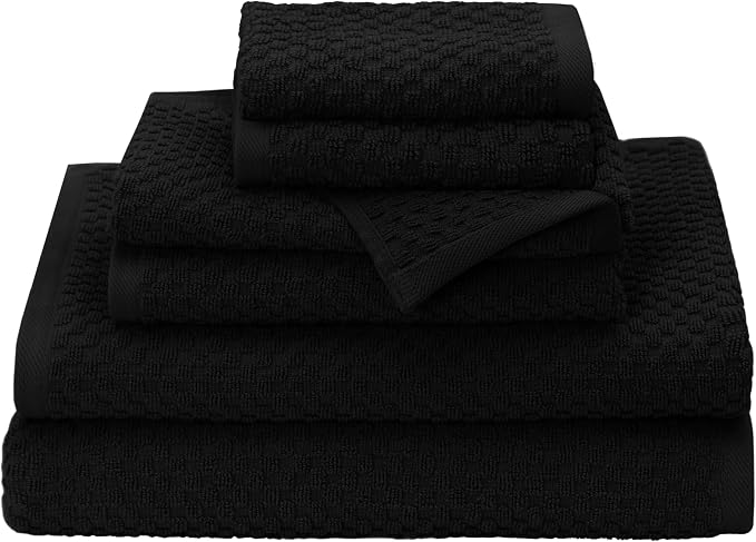 COTTON CRAFT Euro Spa Waffle Weave 6 Piece Towel Set - 100% Cotton - Black | 2 Oversized Luxurious Large Bath Towels, 2 Hand Towels, 2 Washcloths - Soft Plush Super Absorbent Low Lint Quick Dry