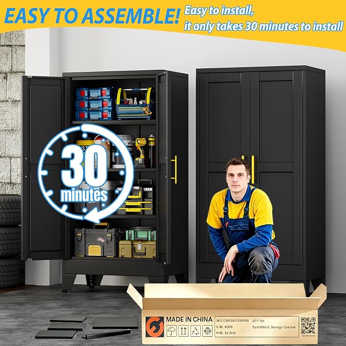 PAOFIN Metal Storage Cabinet with 2 Doors and 3 Adjustable Shelves, Metal Garage Storage Cabinets, File Cabinet,Steel Tool Cabinets for Home,Office,Garage,School,Warehouse(Black)