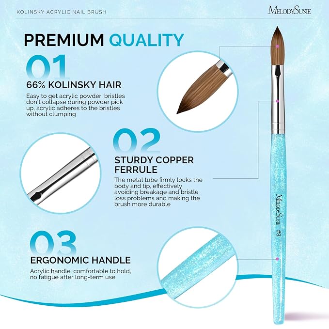 MelodySusie Kolinsky Acrylic Nail Brush,66% Kolinsky Hair Professional Nail Art Brush for Acrylic Application, Aurora Collection Fine Glitter Brush, Blue, Size 8