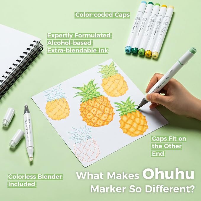 Ohuhu Brush Markers - 216-color Double Tipped Alcohol-based Art Marker Set for Artist Adults Coloring Illustration -Brush & Chisel Dual Tips - Honolulu Series of Ohuhu Markers - Refillable Ink