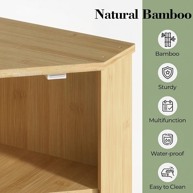 LAMU Corner Bread Box for Kitchen Countertop, Bamboo Wood Bread Storage | 2-Tier Storage Bin with Magnetic Acrylic Door, Large Capacity Organizer for Homemade Bread, Coffee, Fruit & Spices, Bamboo