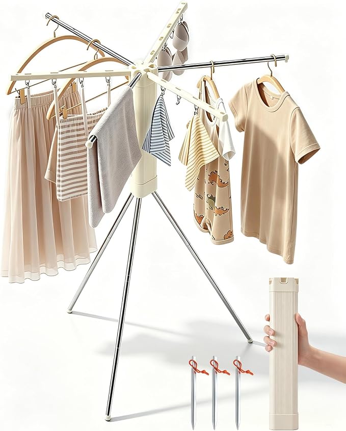 Foldable Tripod Clothes Drying Rack for Balcony, Hotel, Apartment, Bedroom | Portable Drying Rack Clothing Laundry Drying Rack for Travel, Camping with 3 Tent Pegs. Steel Frame with 12 Clips, Windproof