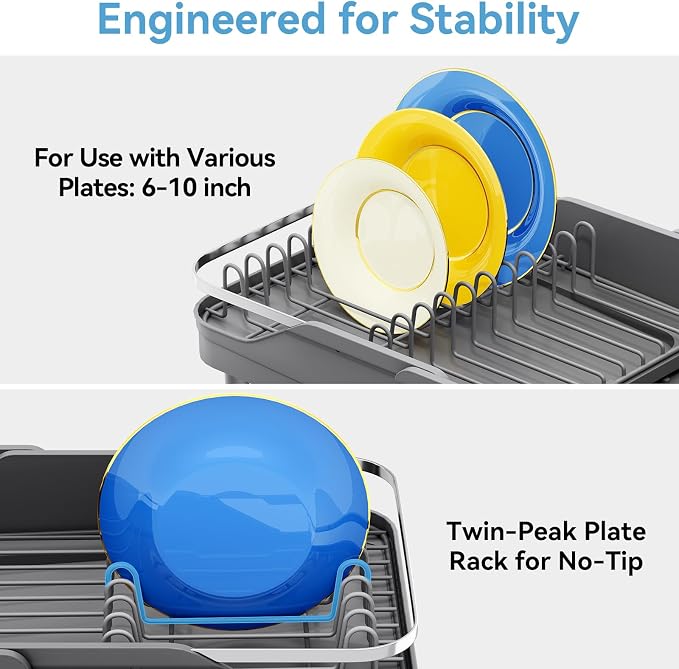 Urackify Expandable Dish Drying Rack for Kitchen Counter,16.2-23.7in,Grey | Adjustable Capacity, Countertop-Stay-Dry Drainboard, Heavy-Duty Steel, Stable Plate Rack, Spave Saving for Apartment,RV,Dorms