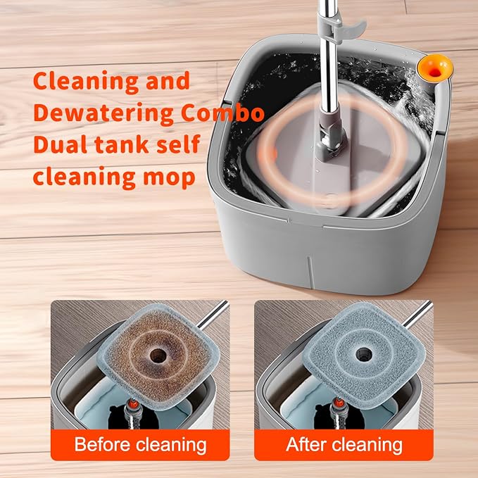 Spin Square mop and Bucket System with Wringer Set for Home with 2 Mop Pads (Grey,White)