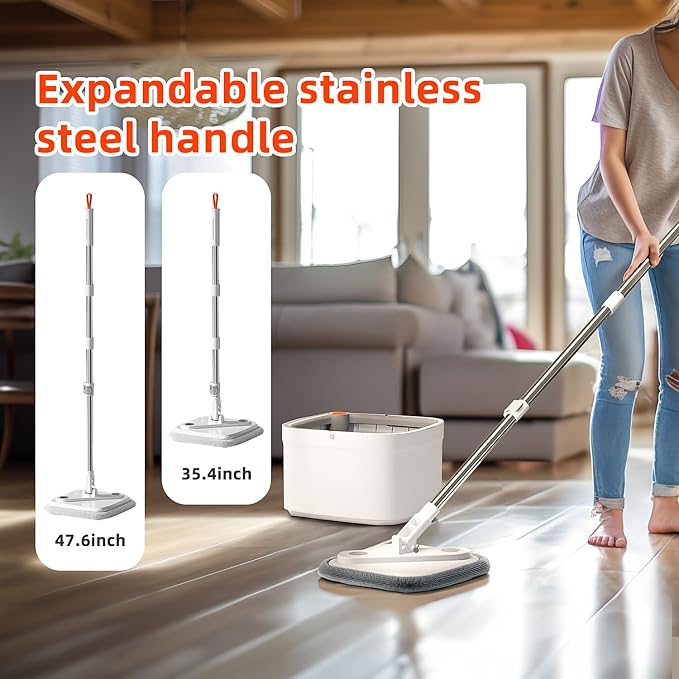 Spin Square mop and Bucket System with Wringer Set for Home with 2 Mop Pads (Grey,White)