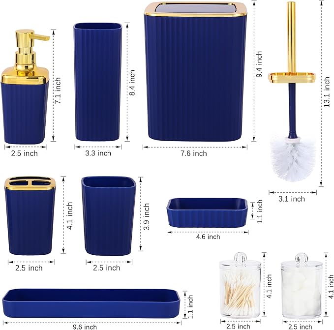 Bathroom Accessory Set,9 Pieces Navy Blue Bathroom Accessories Set with Trash Can, Toothbrush Holder, Soap Dispenser, Toothbrush Cup, Vanity Tray, Soap Dish, Toilet Brush, Qtip Holder