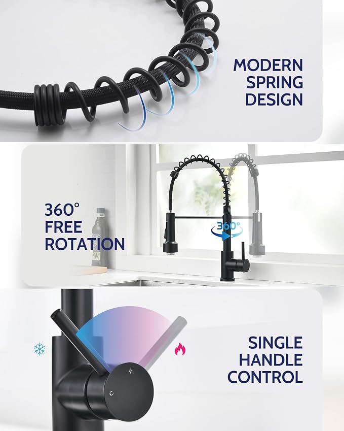 LUFEIDRA Black Kitchen Faucet with Sprayer LED Light, High Arc Spring 304 Stainless Steel Single Handle LED Faucets, Kitchen Sink Faucet for Bar Sink Rv, Matte Black, Pot Filler Faucets