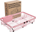Pink Dish Drying Rack Over The Sink with Utensil Holder | Expandable Stainless Steel Dish Drainer for Small Kitchen, Apartment, RV, Counter Space Saving, Perfect Fit, Rustproof