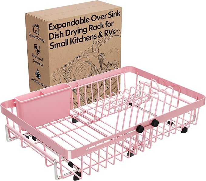 Pink Dish Drying Rack Over The Sink with Utensil Holder | Expandable Stainless Steel Dish Drainer for Small Kitchen, Apartment, RV, Counter Space Saving, Perfect Fit, Rustproof