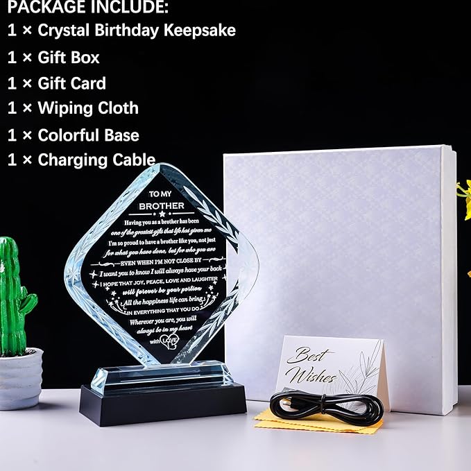 Meaningful Gifts for Brother with Light Base Brother Birthday Gifts from Sisters Brothers Laser Engraved Crystal Keepsake for Fathers Day Christmas Graduation Best Gift for Brother Adult
