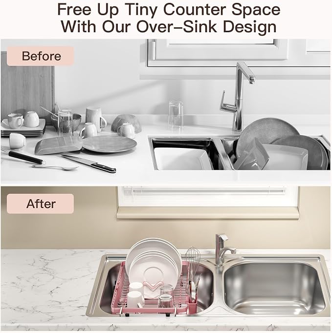 Pink Dish Drying Rack Over The Sink with Utensil Holder | Expandable Stainless Steel Dish Drainer for Small Kitchen, Apartment, RV, Counter Space Saving, Perfect Fit, Rustproof