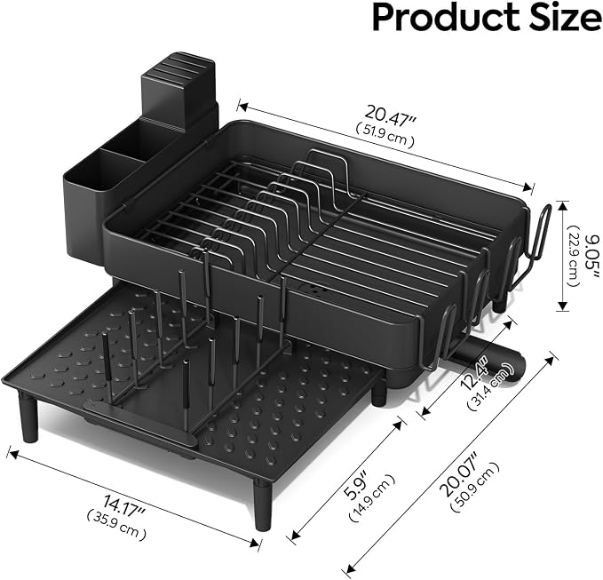 Urackify Expandable Dish Drying Rack, Stainless Steel, Large Capacity | Multifunctional Drainboard for Kitchen Countertop, Removable Cutlery Tray, Foldable Cup Holder, 20.4"L x 20"W, Black