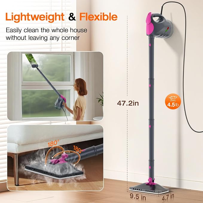 Steam Cleaner, 10-in-1 Steam Mop with Detachable Handheld Steamer, 320ml Water Tank, 10s Fast Heating, Portable Steamer for Kitchen, Floor, Tiles, Window, BBQ Grill, Car