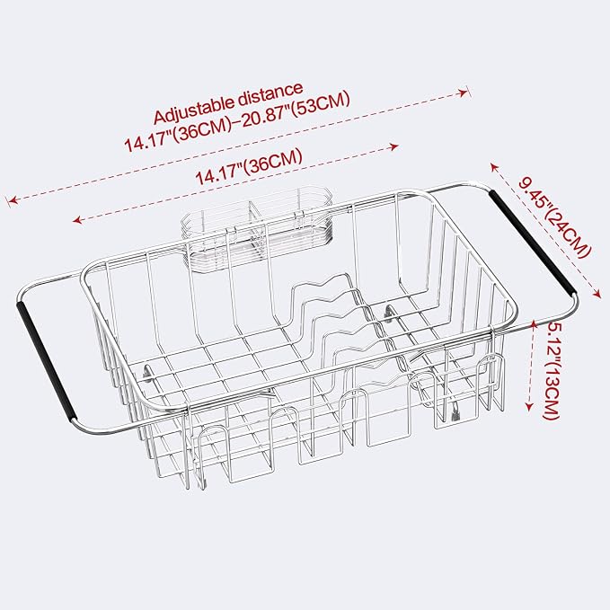 Small Dish Drying Rack in Sink, Extendable Stainless Steel Dish Drainers for Kitchen Counter, Anti-Rust Dish Dryer Rack with Utensil & Cup Holders, for Inside Sink, Over The Sink(for 1-2 People)