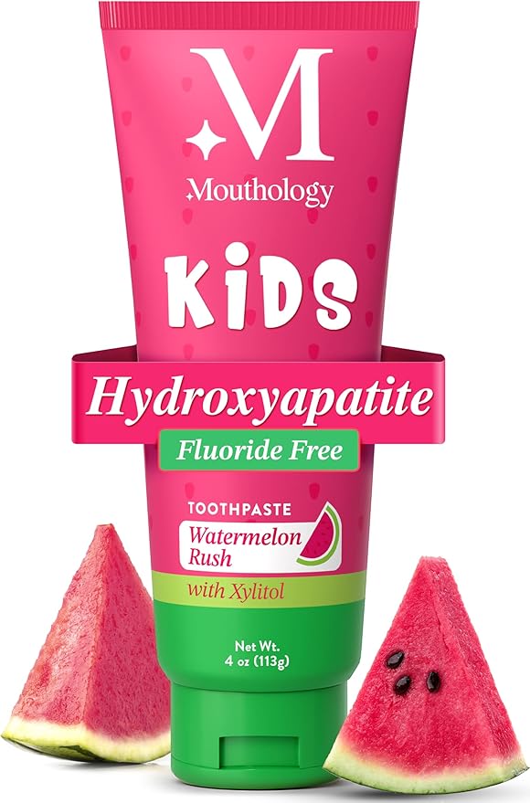 Mouthology Hydroxyapatite Kids Toothpaste Fluoride Free with Xylitol, Non Toxic Fluoride Free Toothpaste for Kids, All Ages (1-3), (3-6) & (6-12) Watermelon, 4oz