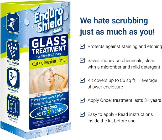 EnduroShield Glass Treatment Kit - Advanced Protection for Glass Surfaces - Repels Soap Scum, Grime & Dirt Without Harsh Chemicals - 8.4 fl oz
