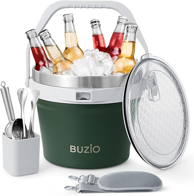 BUZIO 7 L Ice Bucket with Lid Scoop & Tongs & Adjustable Shoulder Strap | 7.4 Qt/7 L Insulated Stainless Steel Large Beverage Bucket with Handle (Doulble Wall), for Parties, Cocktail Bar Champagne