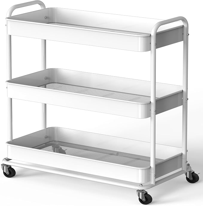 Simple Houseware 26" Extra-Wide 3-Tier Heavy Duty Metal Utility Cart, White | High-Capacity Rolling Cart Organizer for Spa, Salon, Office, and Home Storage