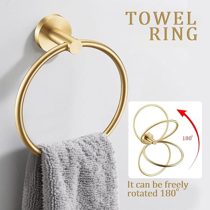 5 Pieces Bathroom Hardware Accessories Set Brushed Gold, 24Inch Bathroom Towel Rack Set SUS304 Stainless Steel, Round Toilet Paper Holder Heavy Duty, Wall Mounted