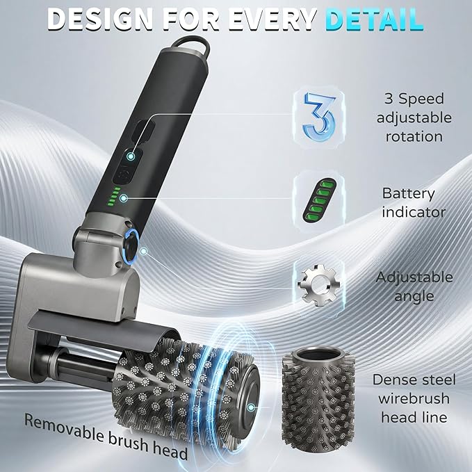 Electric Grill Brush for Outdoor - 3-Speed & Angle Adjust Cordless Rotary Grill Brush - 2026 NEW BBQ Grill Cleaner with 3 Heads - 180Mins Runtime Grill Cleaning Brush for Barbecue Grates