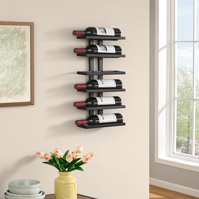 Hoctieon 2-Set 6 Tier Wall Mount Wine Rack (12 Tiers), Wall Racks for Wine Bottles Display and Storage, Hanging Bottle Organizer for Living Room, Dining Room, Wine Cellar, Bar, Black