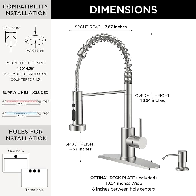 FORIOUS Kitchen Faucet with Soap Dispenser, Stainless Steel, Brushed Nickel | Single Handle Stainless Steel Kitchen Faucet with 3 Modes Sprayer, Commercial Spring Faucet for Kitchen Sink, Laundry Rv Bar