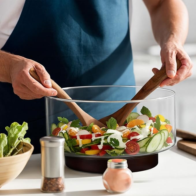 FoldTier Large Glass Salad Bowl Set, Party Salad Bowl with Acacia Wood Base and Lid as Cheese Charcuterie Board and Plate, Comes with 5 Pieces Elegant Wood Serving Utensils