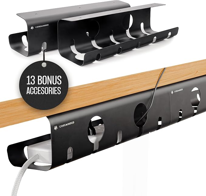 COREMINDED No-Drill Under Desk Cable Management Tray, 2-Pack, Medium | Wire & Cord Organizer for Standing Desk or Table, Power Strip Holder, Hides Cables, Home Office Cord Hider, Carbon Steel