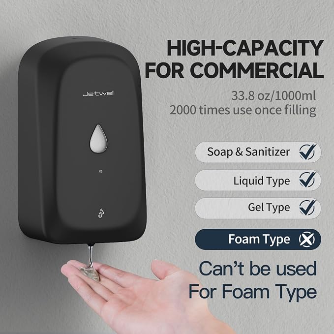 JETWELL Touchless Wall Mount Stainless Steel Soap Dispenser 34OZ/1000ML | Black Matte Cover, Large Capacity, Battery Powered, Liquid Soap, Commercial & Home Use