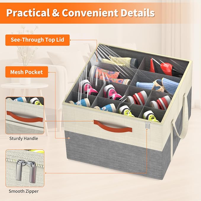 2 Pack Shoe Organizer for Closet, Stackable Shoe Storage Box, Beige & Grey | Fits up to 32 Pairs, Space Saving, Foldable, Shoes Organizer Bin with Clear Cover, 4 Reinforced Handles