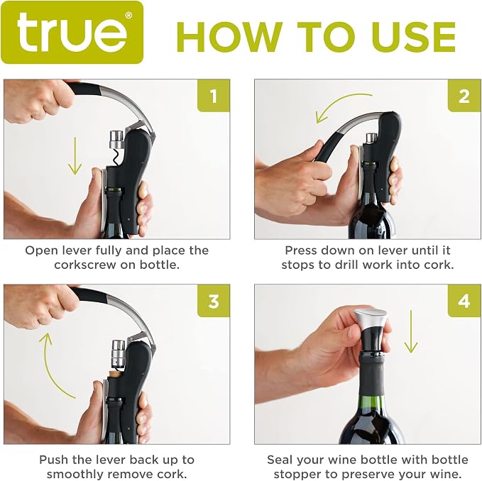True Lever Corkscrew Manual Stoppers Top-Notch Cork Bottle Opener with Ergonomic Handle and Wine Preserver, Set of 3, Black