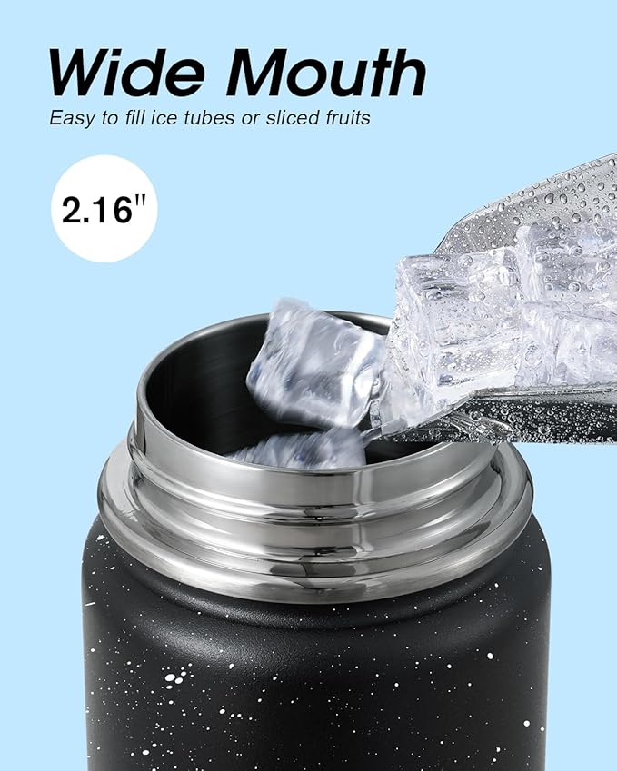 Coolflask Water Bottle 24 oz Insulated with Straw, Stainless Steel Metal 3 Lids Water Flask Wide Mouth for Sports or Office, Non-BPA Keep Cold Up to 48 Hrs or Hot Up to 24 Hrs, Starry Night