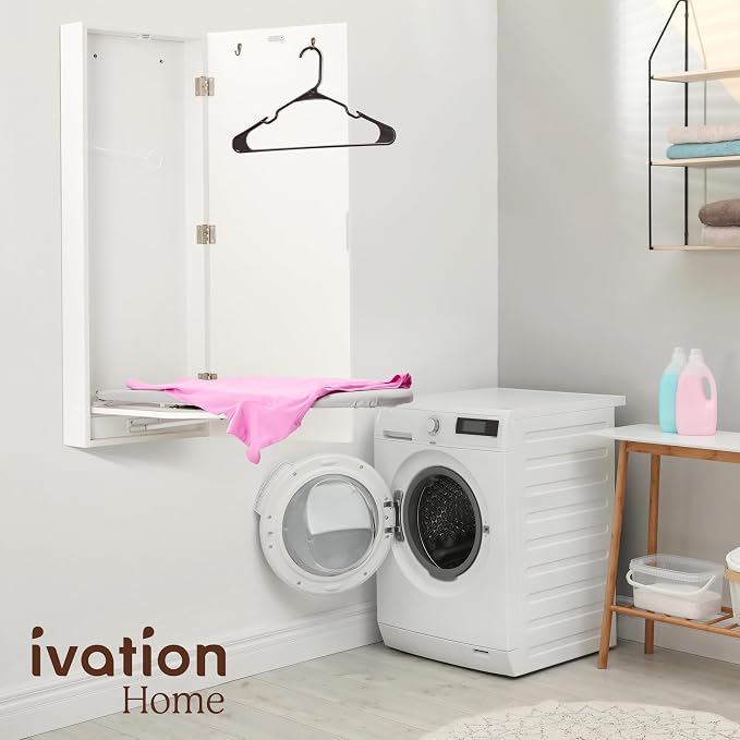 Ivation Wall-Mounted Ironing Board Cabinet, Foldable Ironing Storage Station for Home, Apartment , Easy-Release Lever, Garment Hooks, White