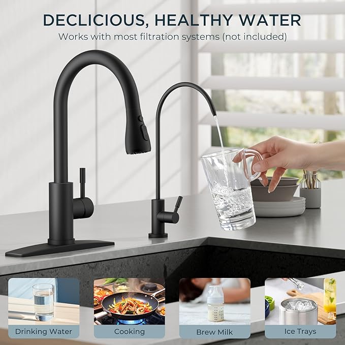 FORIOUS Kitchen Faucet and Water Filter Faucet Combo, Black Stainless Steel Bar Faucet Pull Down Sprayer and Drinking Purifier Faucet for Kitchen Sink RV Farmhouse Camper
