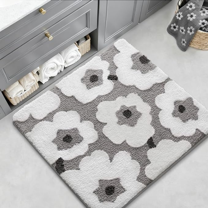 LUMI Floral Bath Mat, Soft Absorbent Square Bath Rug, Non-Slip Quick Dry Luxury Rug, Machine Washable Rugs for Bathroom Floor, Bathtub, Living Room, Home Decor, White Grey, 32"x32"