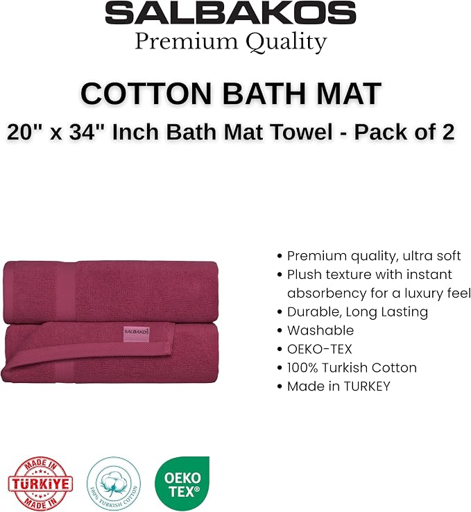 SALBAKOS 2-Piece 100% Turkish Cotton Bath Mat Towel, 20x34 inch, Wine | Bathroom Floor Towels, Thick Soft Most Absorbent Quick-Dry Durable Large Size Foot Rug, Premium Hotel Quality Made in Turkey